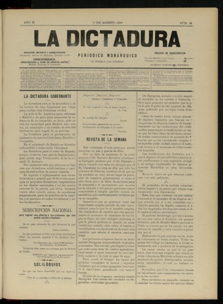 Miniatura de La Dictadura : periódico monárquico del 8 de agosto de 1896, nº 44.
