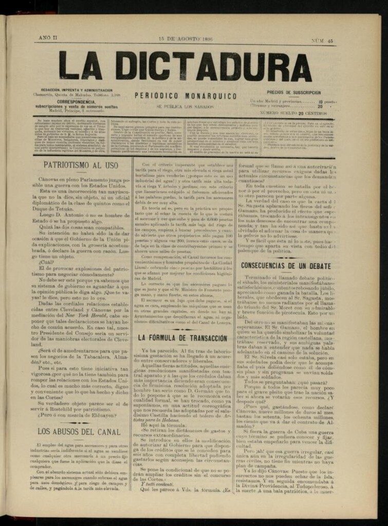 Miniatura de La Dictadura : periódico monárquico del 15 de agosto de 1896, nº 45.