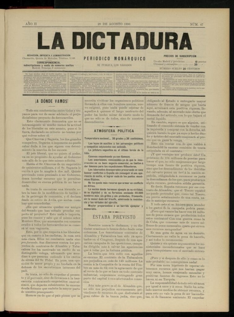 Miniatura de La Dictadura : periódico monárquico del 29 de agosto de 1896, nº 47.