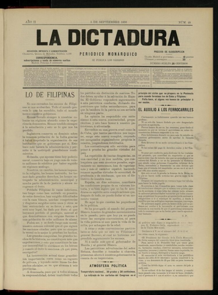 Miniatura de La Dictadura : periódico monárquico del 5 de septiembre de 1896, nº 48.