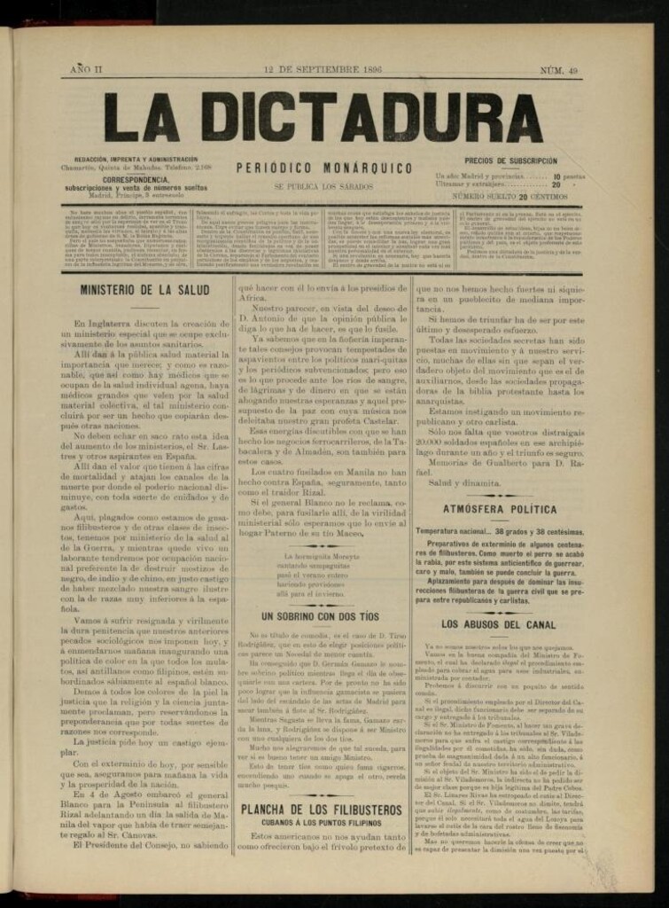 Miniatura de La Dictadura : periódico monárquico del 12 de septiembre de 1896, nº 49.