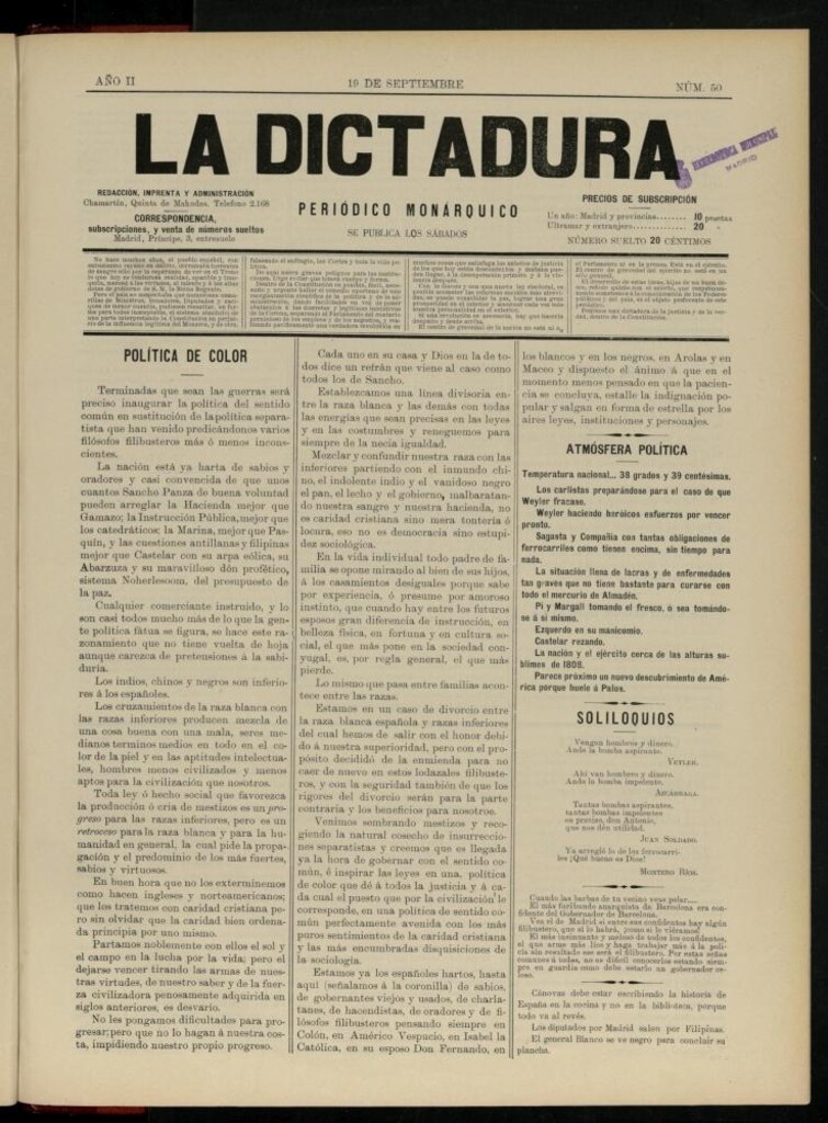 Miniatura de La Dictadura : periódico monárquico del 19 de septiembre de 1896, nº 50.