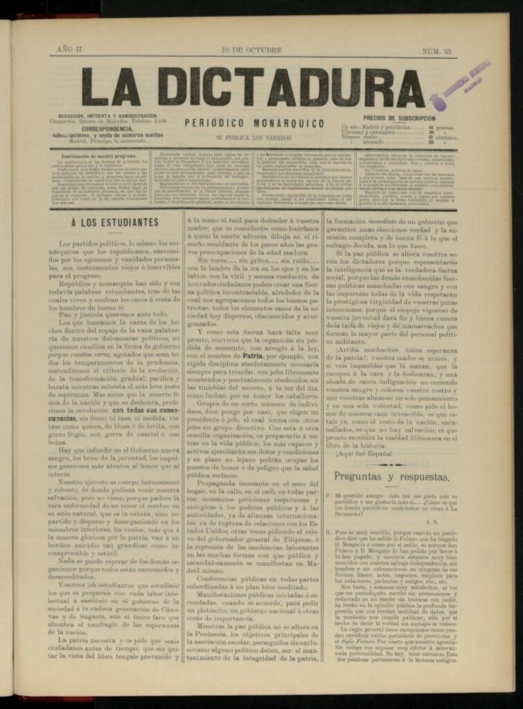 Miniatura de La Dictadura : periódico monárquico del 10 de octubre de 1896, nº 53.