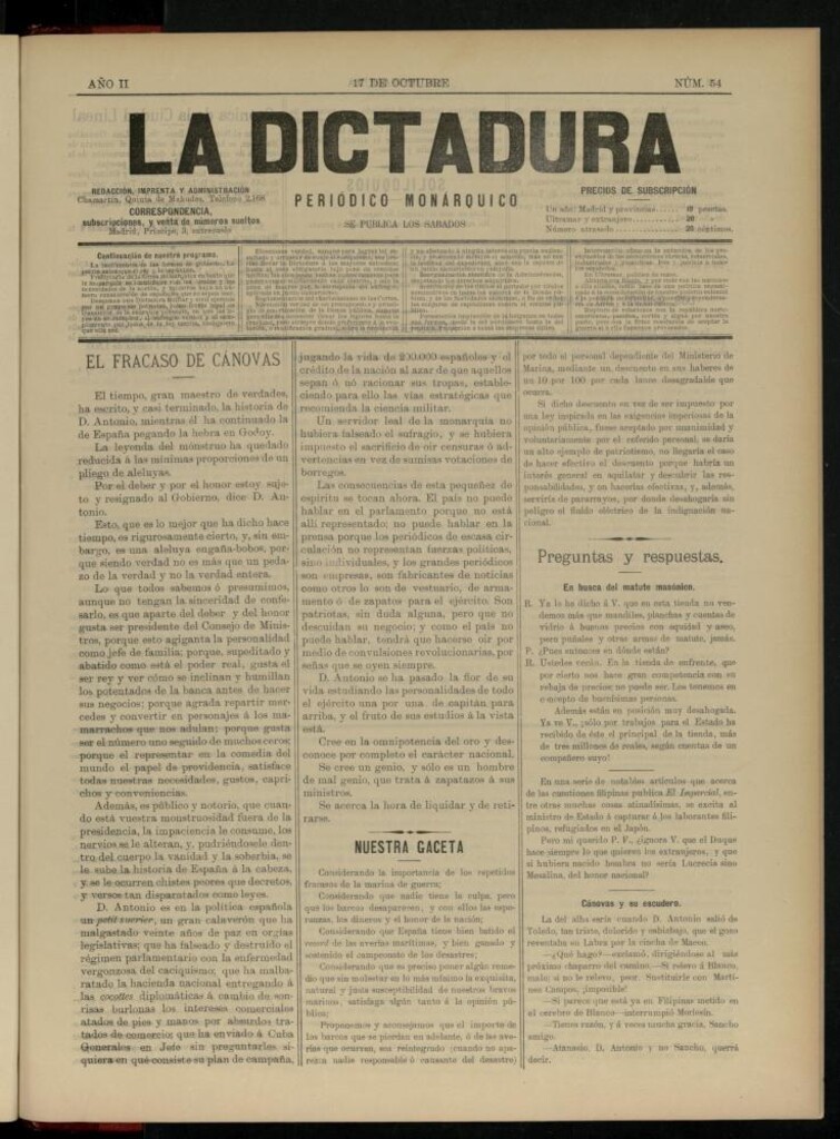 Miniatura de La Dictadura : periódico monárquico del 17 de octubre de 1896, nº 54.