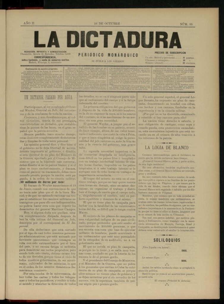 Miniatura de La Dictadura : periódico monárquico del 24 de octubre de 1896, nº 55.