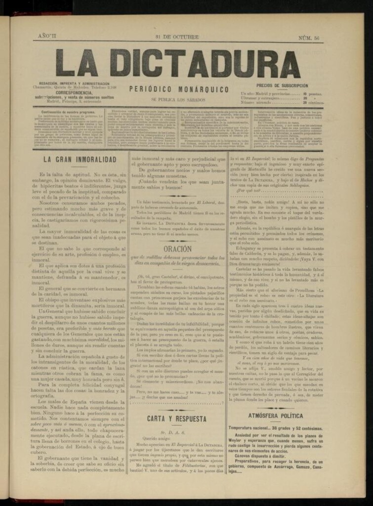 Miniatura de La Dictadura : periódico monárquico del 31 de octubre de 1896, nº 56.