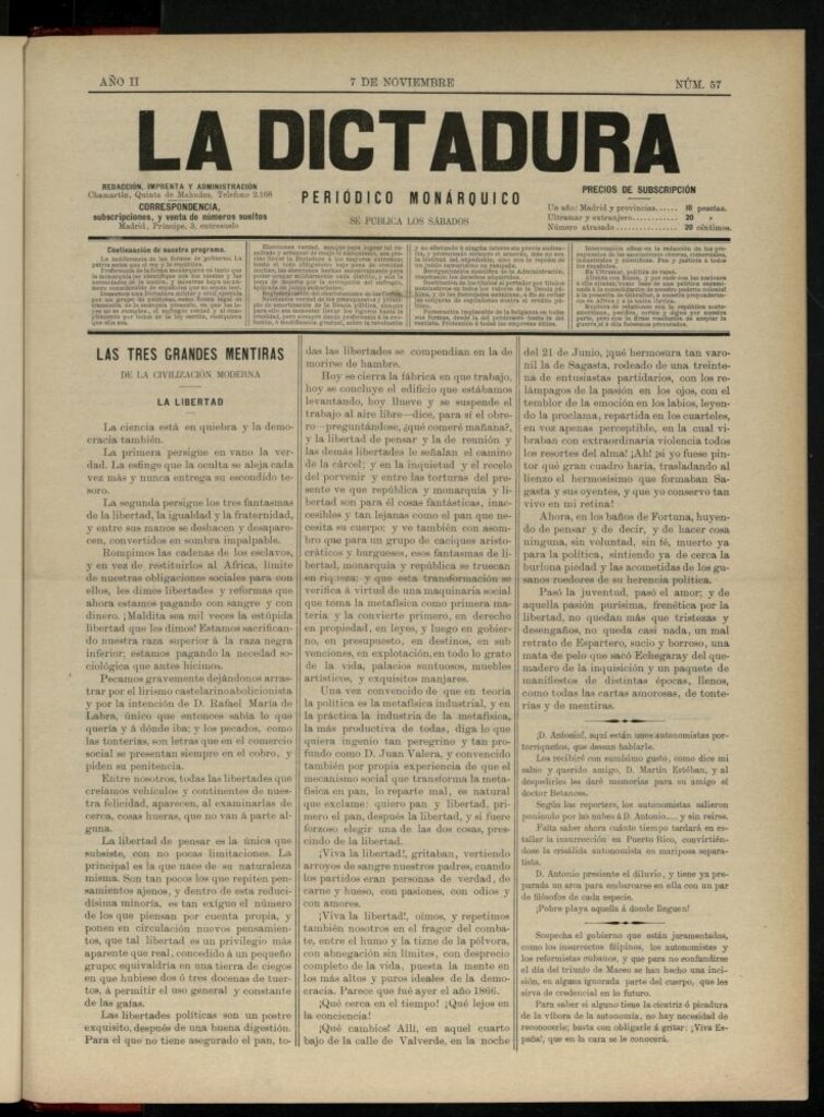 Miniatura de La Dictadura : periódico monárquico del 7 de noviembre de 1896, nº 57.