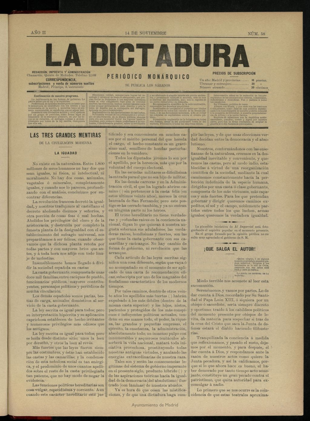 Miniatura de La Dictadura : periódico monárquico del 14 de noviembre de 1896, nº 58.