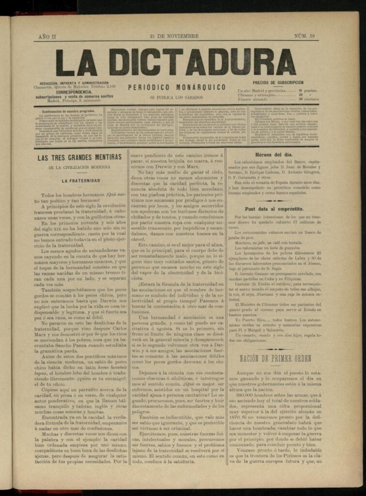 Miniatura de La Dictadura : periódico monárquico del 21 de noviembre de 1896, nº 59.