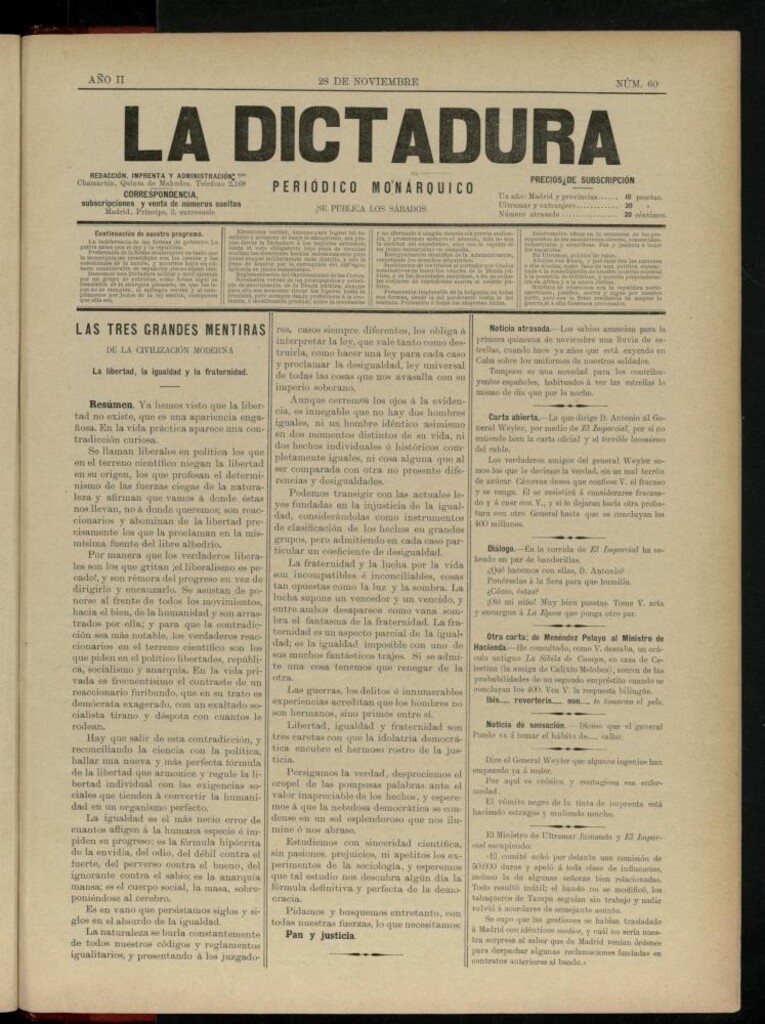 Miniatura de La Dictadura : periódico monárquico del 28 de noviembre de 1896, nº 60.