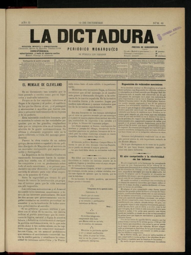 Miniatura de La Dictadura : periódico monárquico del 12 de diciembre de 1896, nº 62.