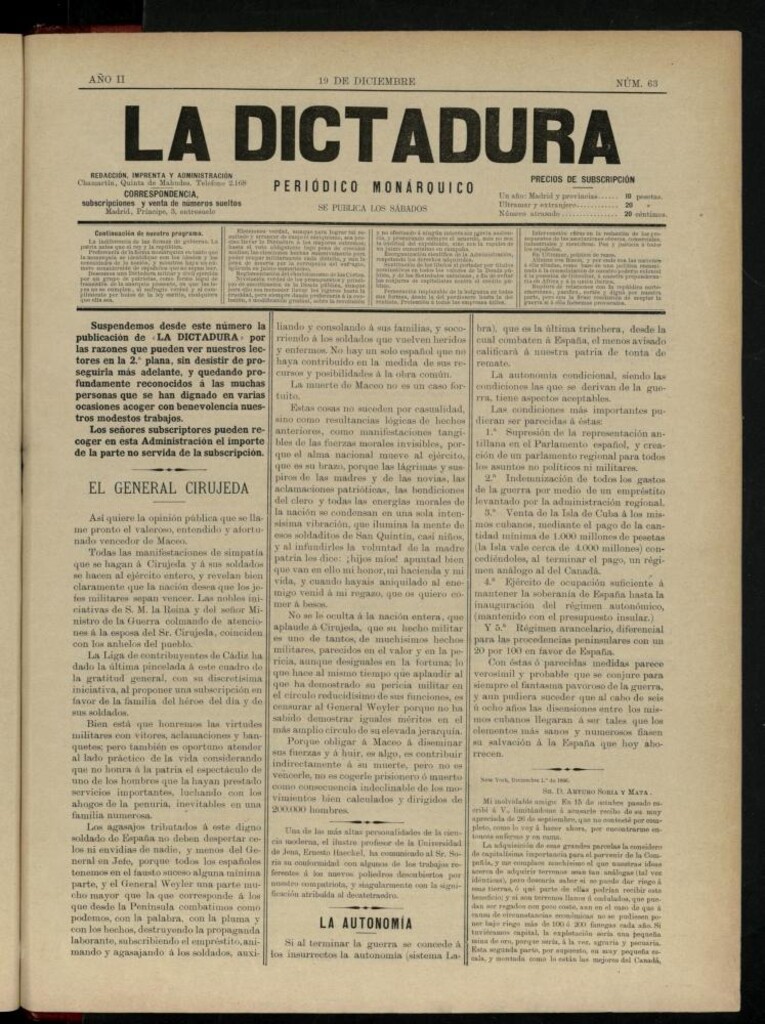 Miniatura de La Dictadura : periódico monárquico del 19 de diciembre de 1896, nº 63.