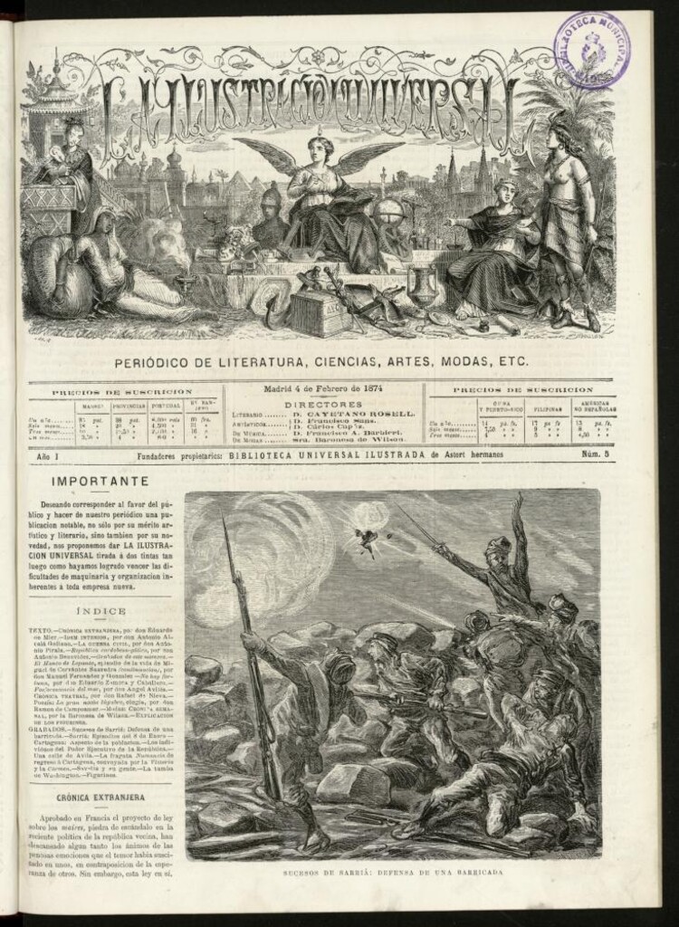 Miniatura de La Ilustración Universal : periódico de literatura, ciencias, artes, modas, etc. del 4 de febrero de 1874, nº 5