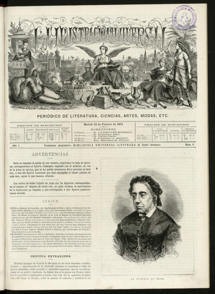 Miniatura de La Ilustración Universal : periódico de literatura, ciencias, artes, modas, etc. del 12 de febrero de 1874, nº 6