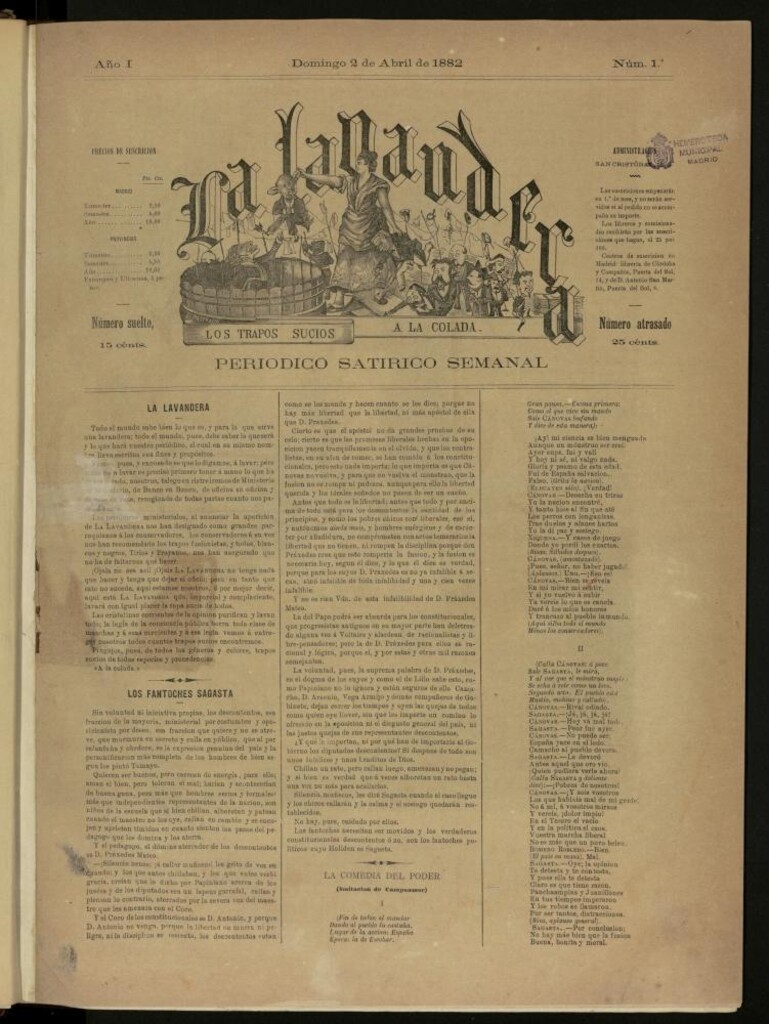 Miniatura de La Lavandera: los trapos sucios a la colada: periódico satírico semanal del domingo 2 de abril de 1882, nº1