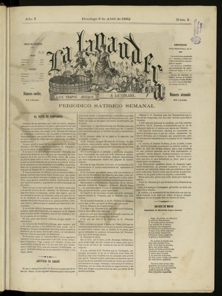 Miniatura de La Lavandera: los trapos sucios a la colada: periódico satírico semanal del domingo 9 de abril de 1882, nº 2