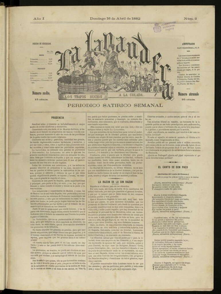 Miniatura de La Lavandera: los trapos sucios a la colada: periódico satírico semanal del domingo 16 de abril de 1882, nº 3