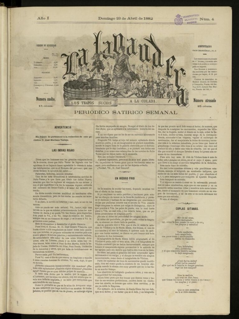 Miniatura de La Lavandera: los trapos sucios a la colada: periódico satírico semanal del domingo 23 de abril de 1882, nº 4