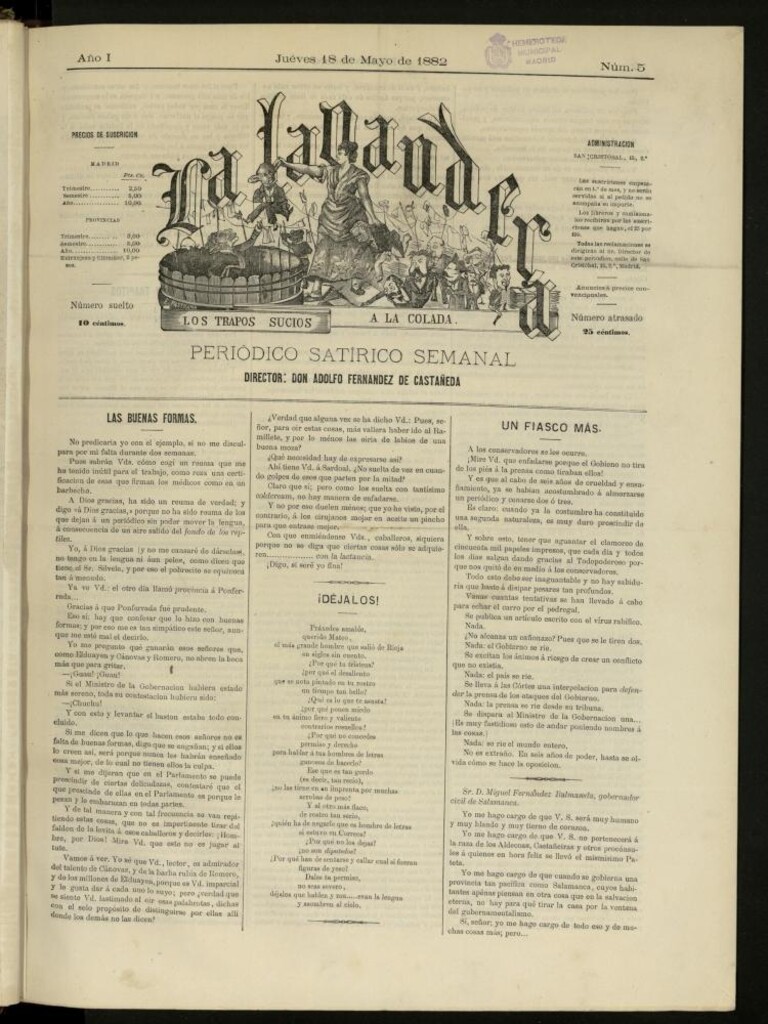 Miniatura de La Lavandera: los trapos sucios a la colada: periódico satírico semanal del jueves 18 de mayo de 1882, nº 5