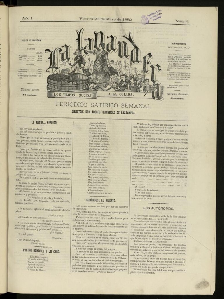 Miniatura de La Lavandera: los trapos sucios a la colada: periódico satírico semanal del viernes 26 de mayo de 1882, nº 6