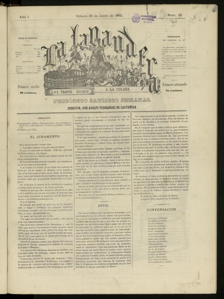 Miniatura de La Lavandera: los trapos sucios a la colada: periódico satírico semanal del sábado 24 de junio de 1882, nº 10