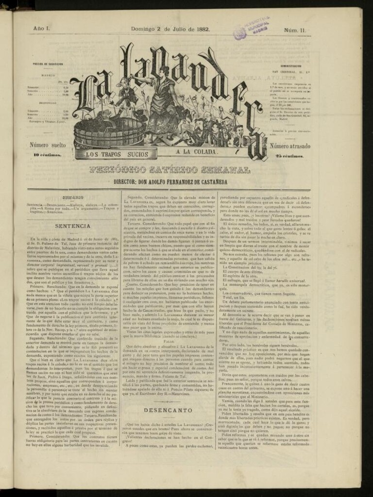 Miniatura de La Lavandera: los trapos sucios a la colada: periódico satírico semanal del domingo 2 de julio de 1882, nº 11