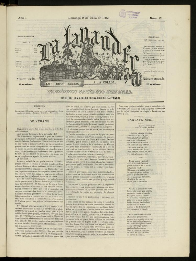 Miniatura de La Lavandera: los trapos sucios a la colada: periódico satírico semanal del domingo 9 de julio de 1882, nº 12