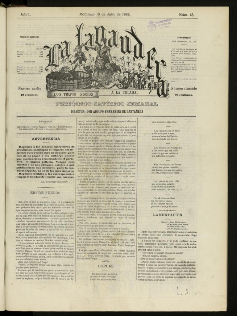 Miniatura de La Lavandera: los trapos sucios a la colada: periódico satírico semanal del domingo 16 de julio de 1882, nº 13