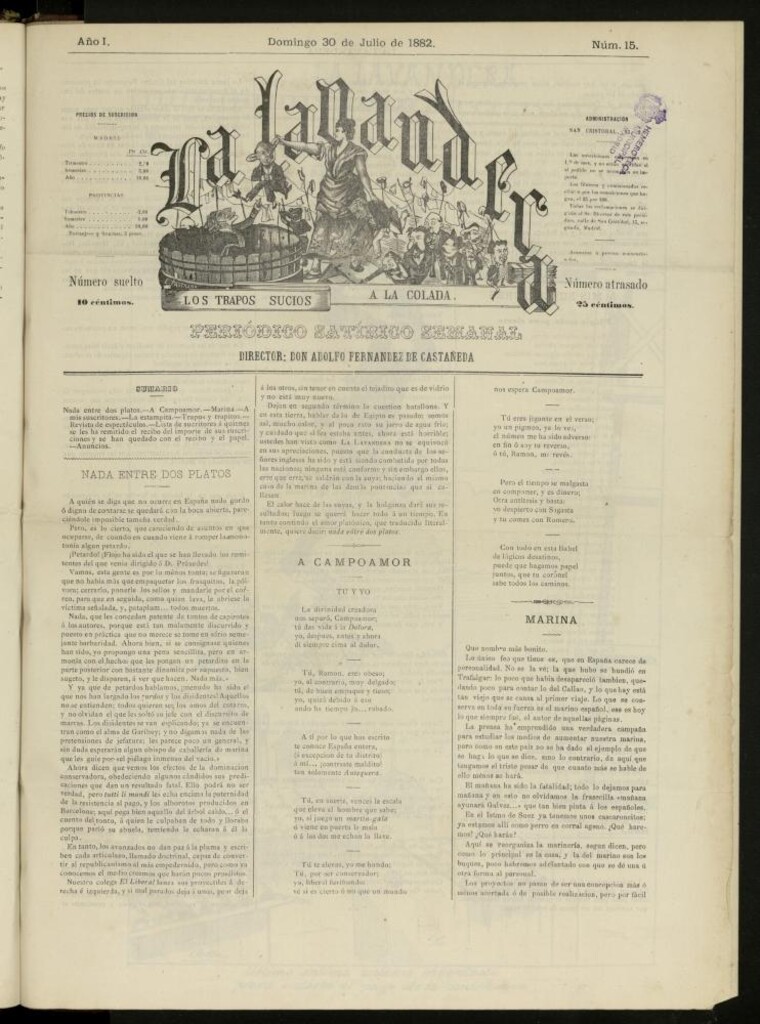 Miniatura de La Lavandera: los trapos sucios a la colada: periódico satírico semanal del domingo 30 de julio de 1882, nº 15