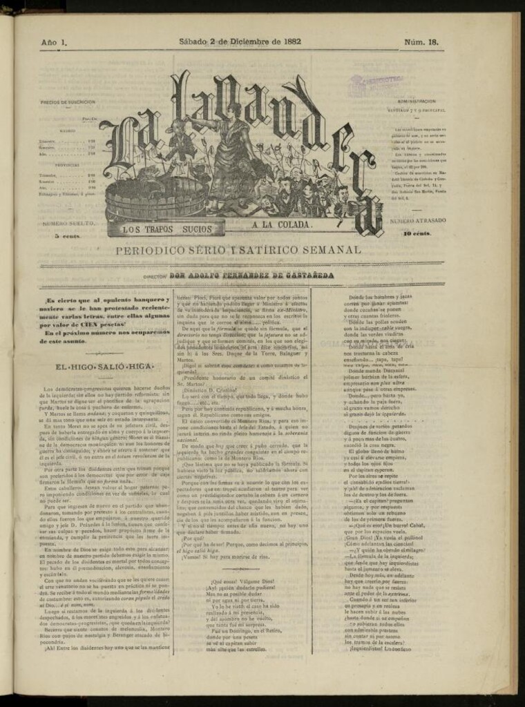 Miniatura de La Lavandera: los trapos sucios a la colada: periódico satírico semanal del sábado 2 de diciembre de 1882, nº 18