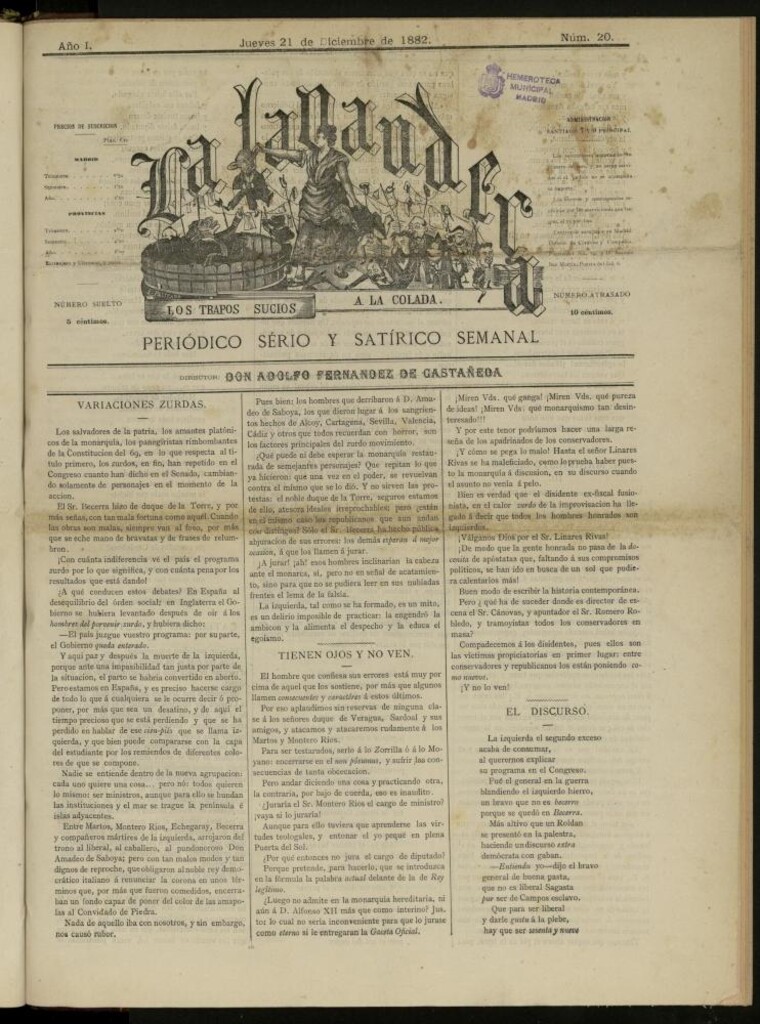 Miniatura de La Lavandera: los trapos sucios a la colada: periódico satírico semanal del jueves 21 de diciembre de 1882, nº 20
