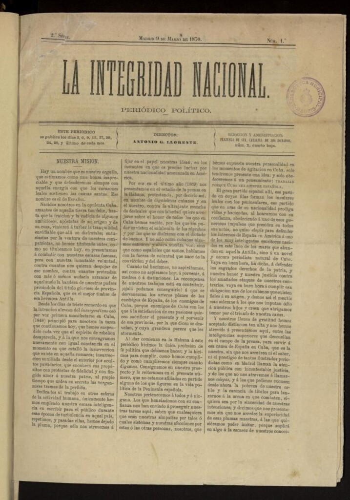 Miniatura de La Integridad Nacional: periódico político del 9 de marzo de 1870, nº 1