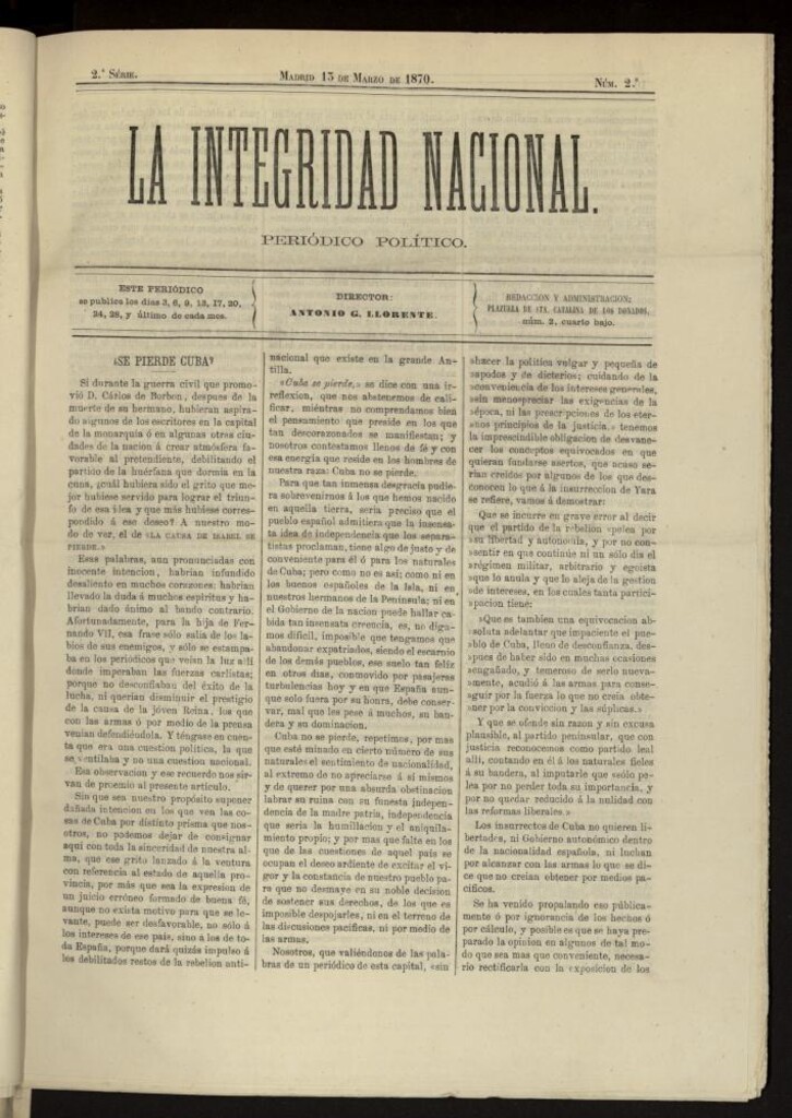 Miniatura de La Integridad Nacional: periódico político del 13 de marzo de 1870, nº 2