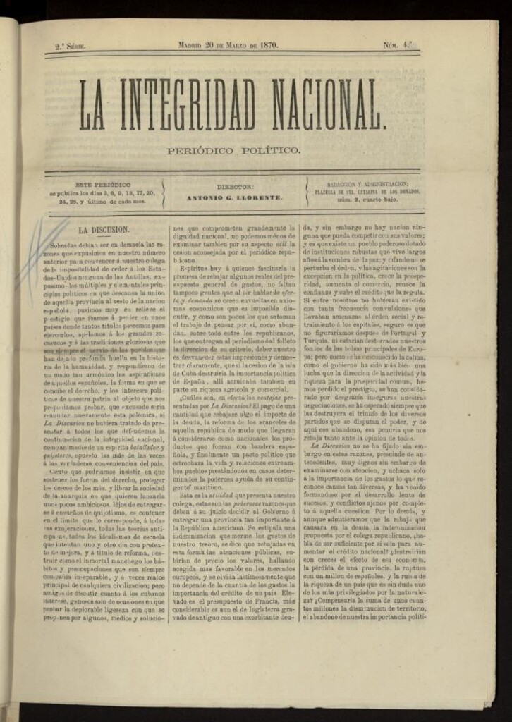 Miniatura de La Integridad Nacional: periódico político del 20 de marzo de 1870, nº 4