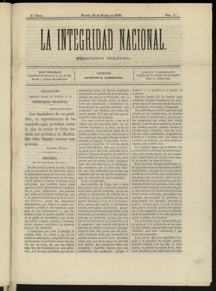 Miniatura de La Integridad Nacional: periódico político del 24 de marzo de 1870, nº 5