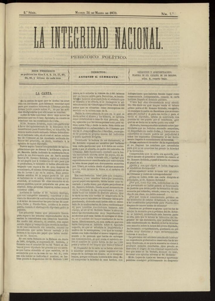 Miniatura de La Integridad Nacional: periódico político del 31 de marzo de 1870, nº 7