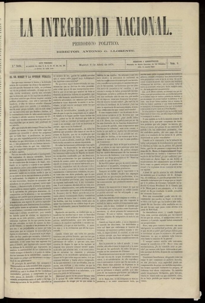 Miniatura de La Integridad Nacional: periódico político del 6 de abril de 1870, nº 9