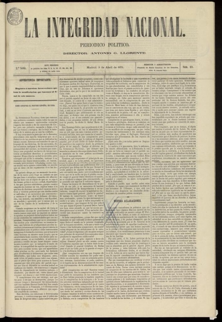 Miniatura de La Integridad Nacional: periódico político del 9 de abril de 1870, nº 10