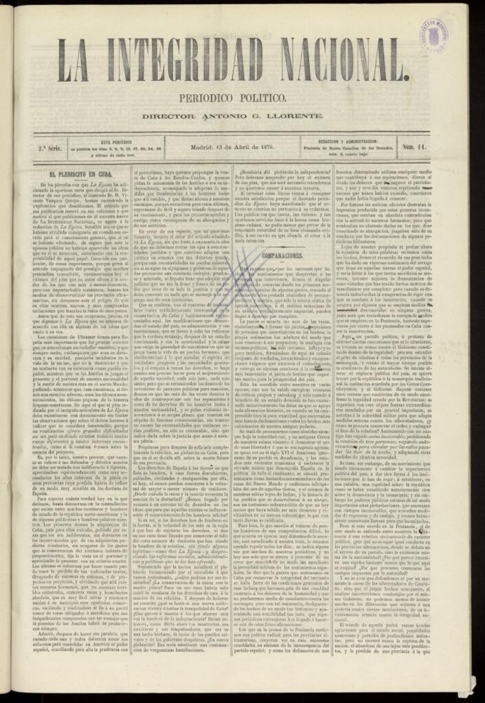 Miniatura de La Integridad Nacional: periódico político del 13 de abril de 1870, nº 11