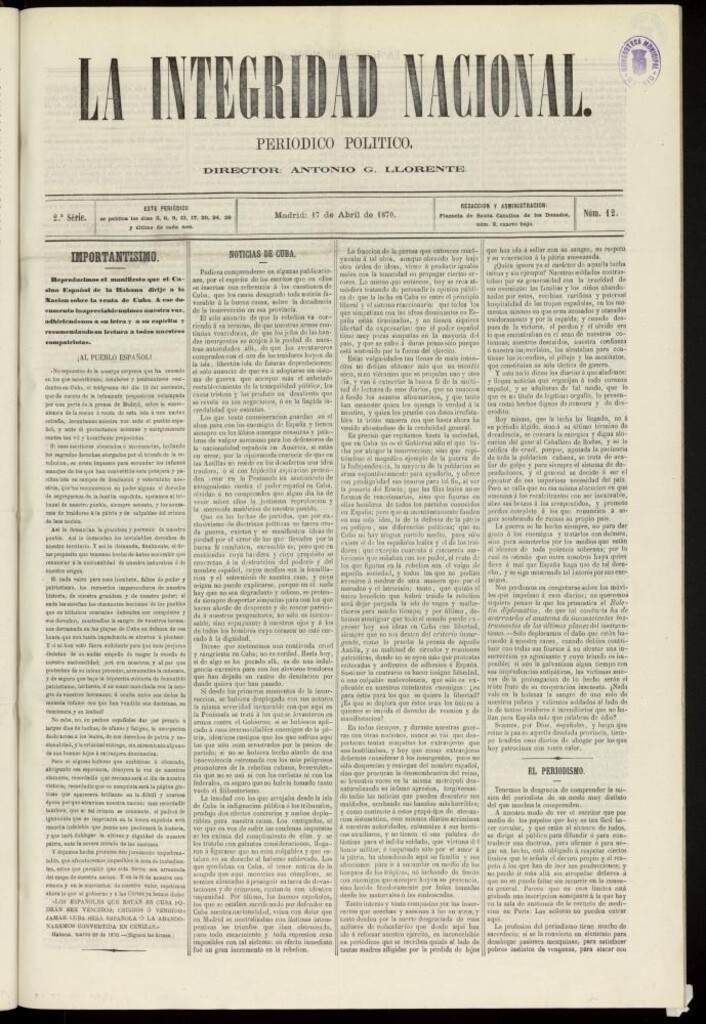 Miniatura de La Integridad Nacional: periódico político del 17 de abril de 1870, nº 12