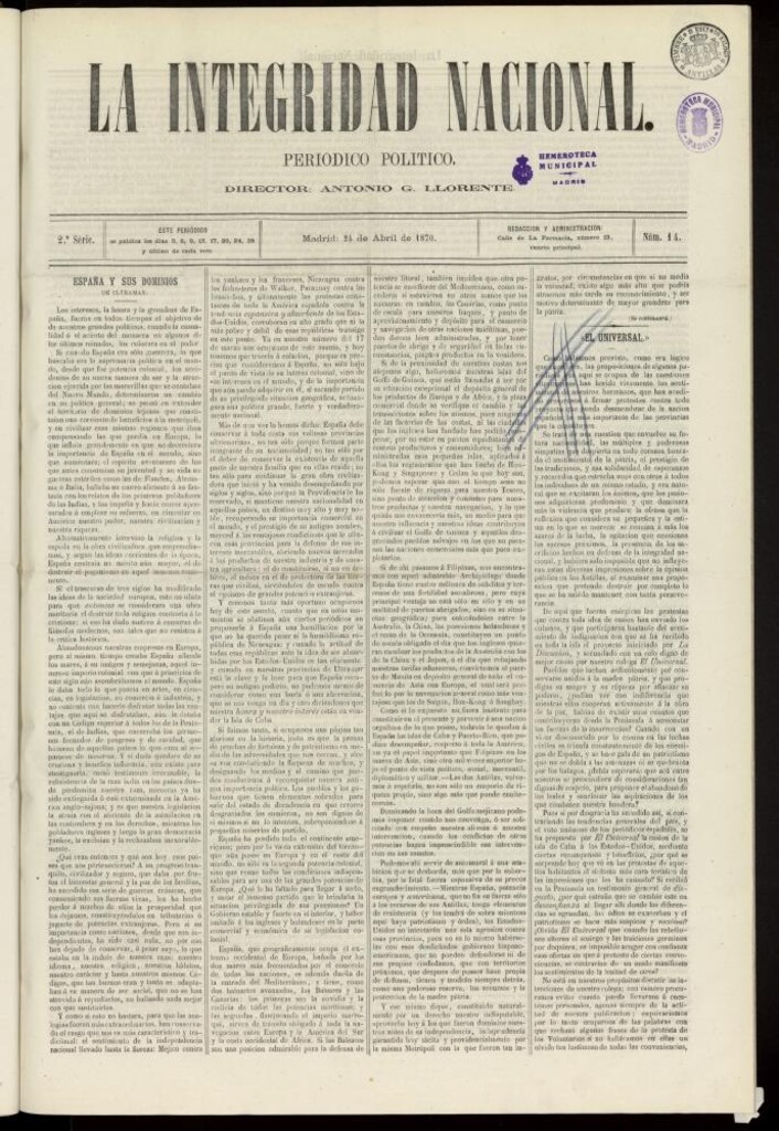 Miniatura de La Integridad Nacional: periódico político del 24 de abril de 1870, nº 14