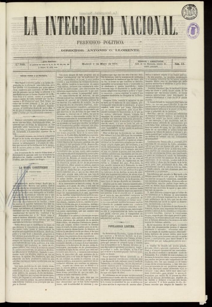 Miniatura de La Integridad Nacional: periódico político del 6 de mayo de 1870, nº 18