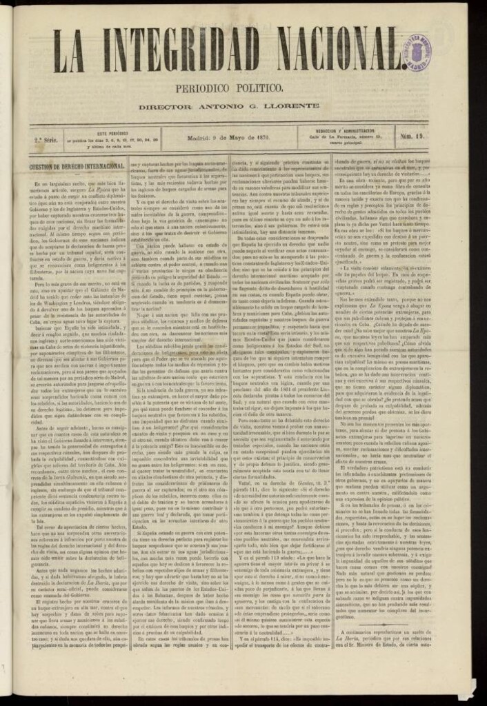 Miniatura de La Integridad Nacional: periódico político del 9 de mayo de 1870, nº 19