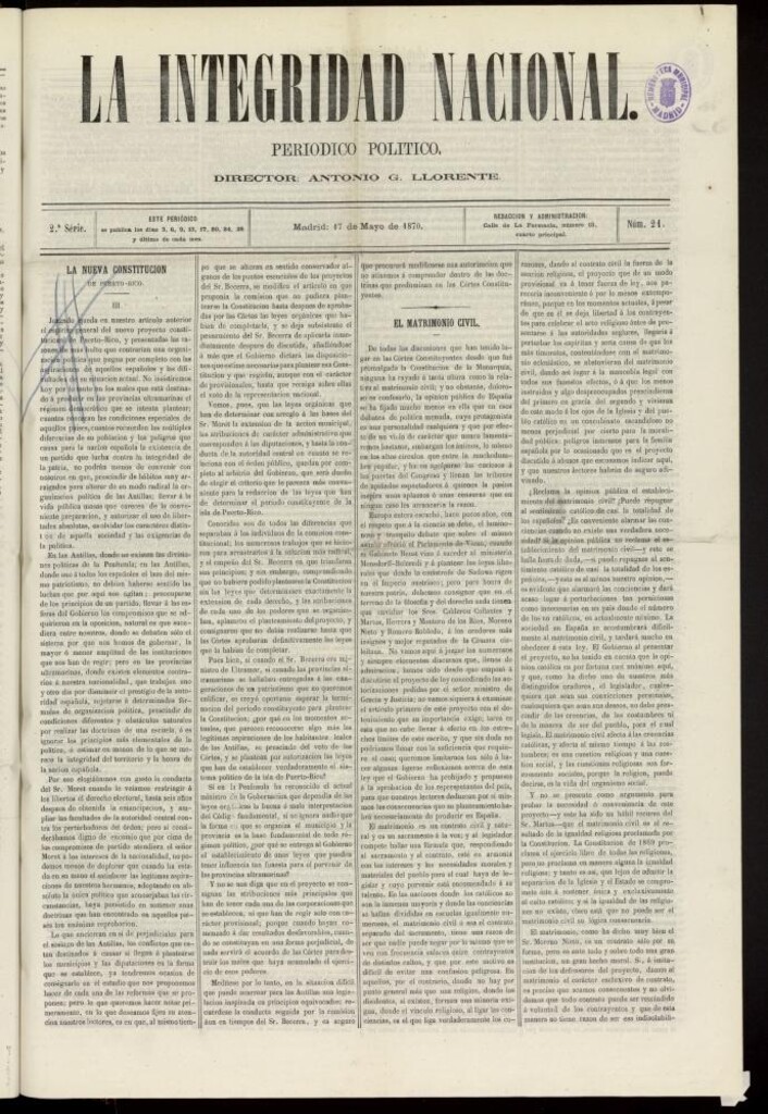 Miniatura de La Integridad Nacional: periódico político del 17 de mayo de 1870, nº 21