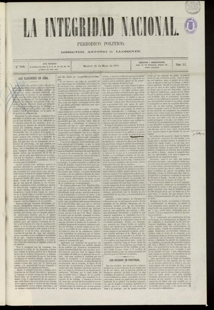 Miniatura de La Integridad Nacional: periódico político del 24 de mayo de 1870, nº 23
