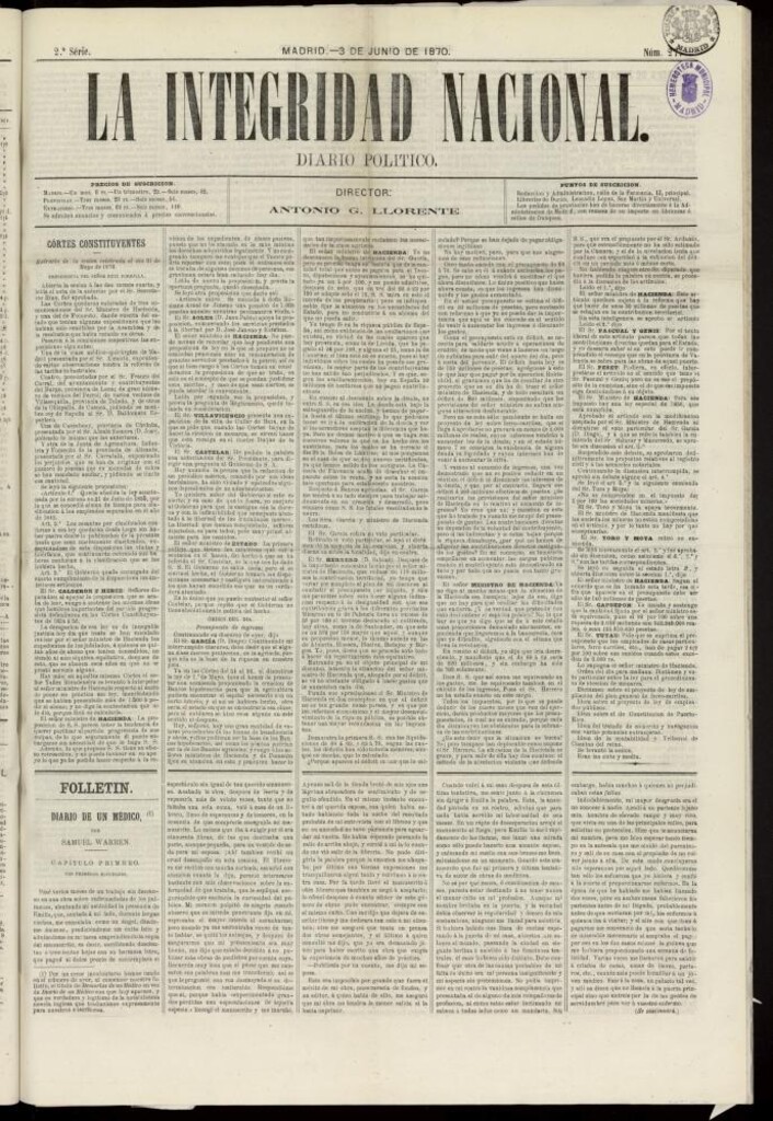 Miniatura de La Integridad Nacional: periódico político del 3 de junio de 1870, nº 27