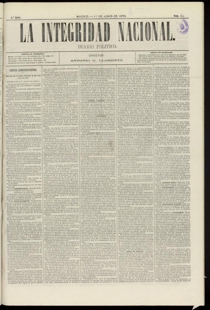 Miniatura de La Integridad Nacional: periódico político del 11 de junio de 1870, nº 34