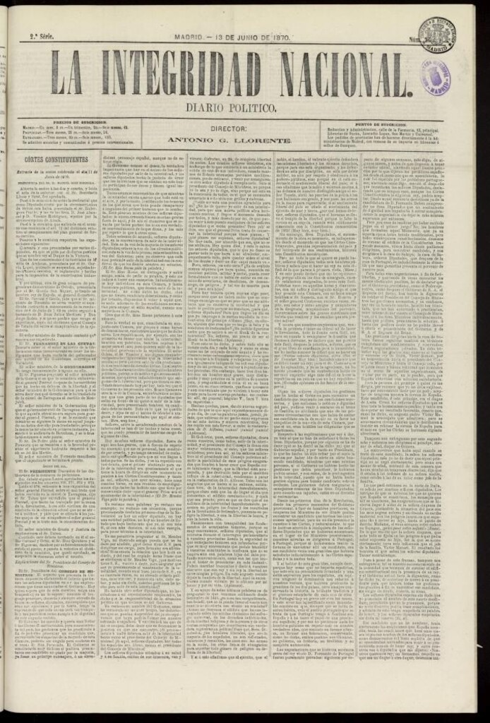 Miniatura de La Integridad Nacional: periódico político del 13 de junio de 1870, nº 35