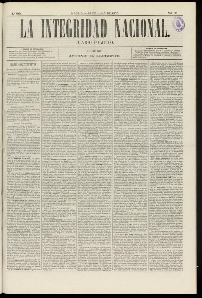 Miniatura de La Integridad Nacional: periódico político del 14 de junio de 1870, nº 36