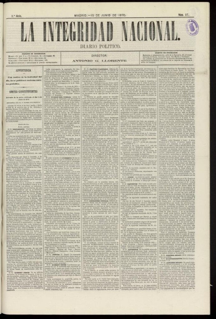 Miniatura de La Integridad Nacional: periódico político del 15 de junio de 1870, nº 37